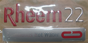 NAMEBADGE RHEEM 22 CONT HOT WATER     #P